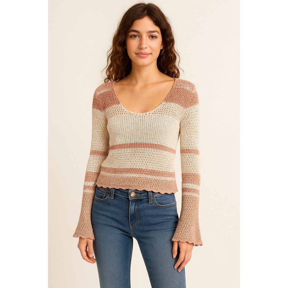 Hippie Rose Y2K Crochet Knit Bell Sleeve Sweater Top Beige White Size M